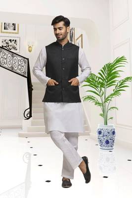 Off white dupion silk plain full sleeve kurta and dhoti set with black jacket for men 3