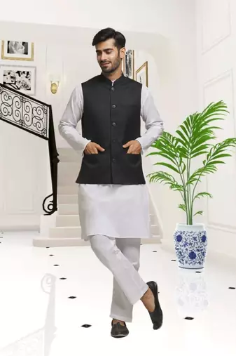 Off white dupion silk plain full sleeve kurta and dhoti set with black jacket for men