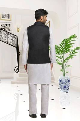 Off white dupion silk plain full sleeve kurta and dhoti set with black jacket for men 4