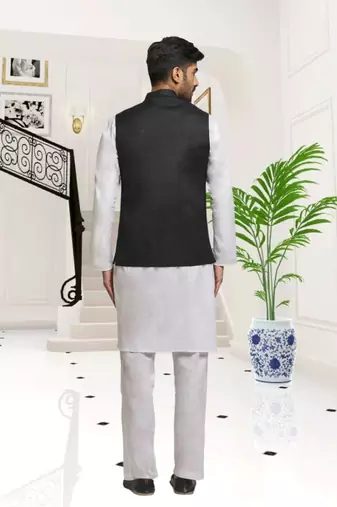 Off white dupion silk plain full sleeve kurta and dhoti set with black jacket for men