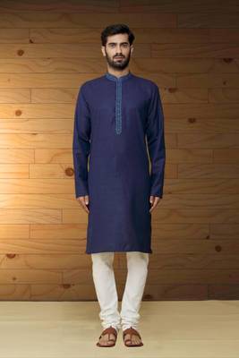 Navy blue dupion silk plain full sleeve kurta and churidar set for men 1