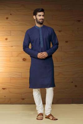 Navy blue dupion silk plain full sleeve kurta and churidar set for men 2