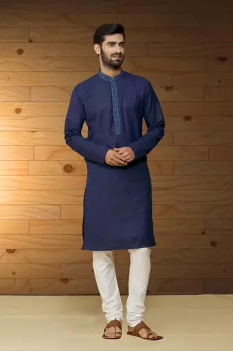 Navy blue dupion silk plain full sleeve kurta and churidar set for men