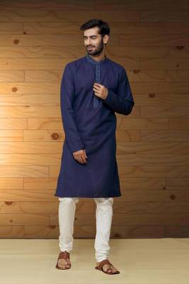 Navy blue dupion silk plain full sleeve kurta and churidar set for men 3
