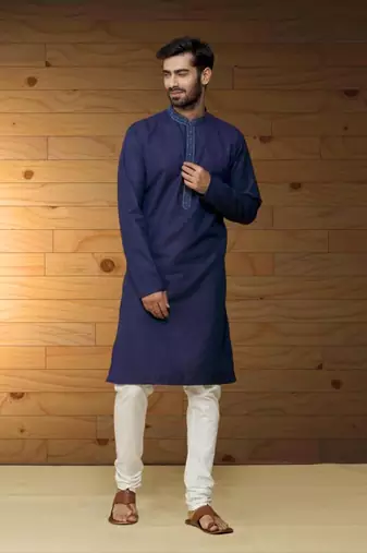 Navy blue dupion silk plain full sleeve kurta and churidar set for men