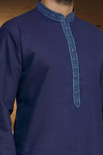 Navy blue dupion silk plain full sleeve kurta and churidar set for men
