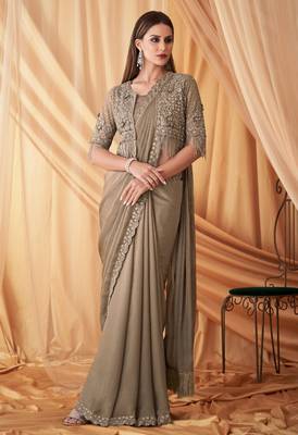 Tan sparkling satin georgette fashion saree with unstitched work jacket for special funcion 1