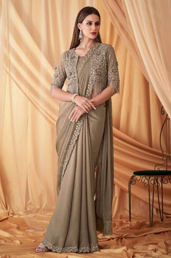 Tan sparkling satin georgette fashion saree with unstitched work jacket for special funcion
