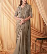 Tan sparkling satin georgette fashion saree with unstitched work jacket for special funcion