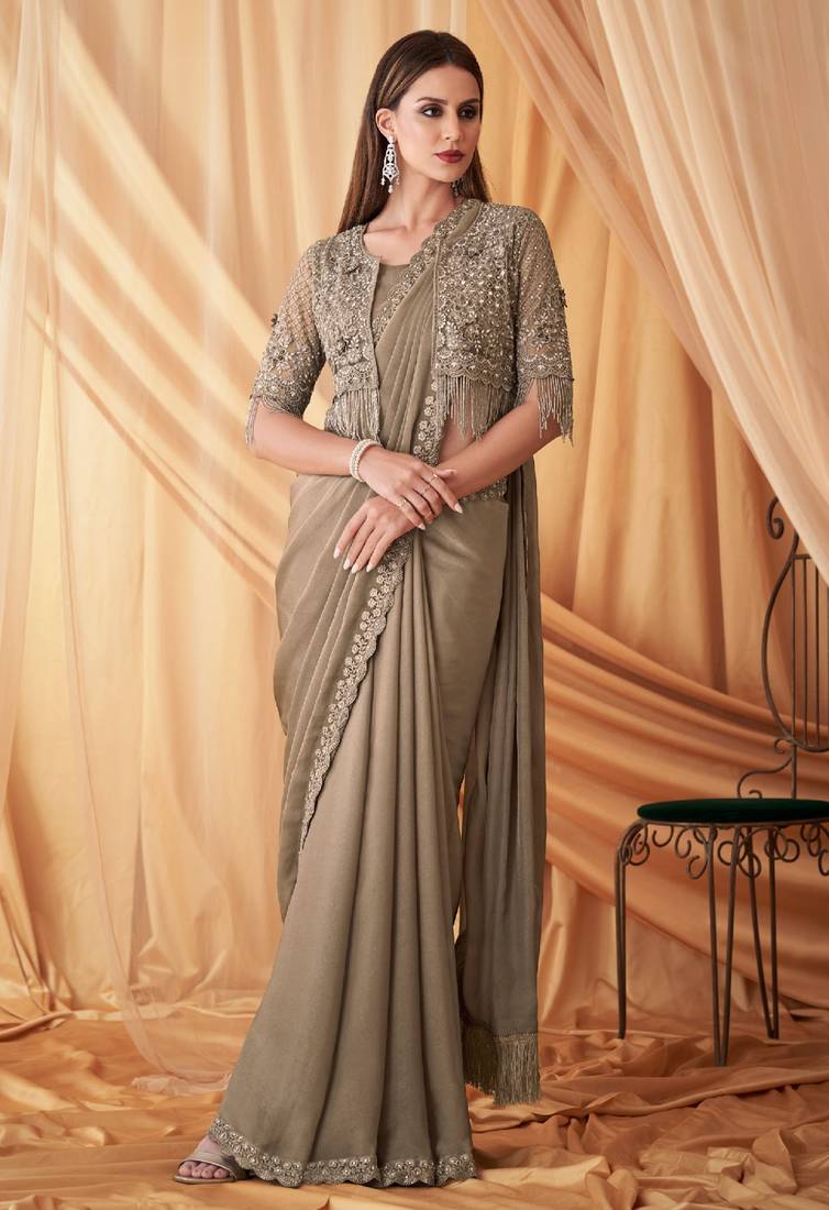 Tan sparkling satin georgette fashion saree with unstitched work jacket for special funcion