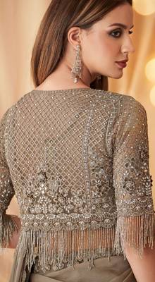 Tan sparkling satin georgette fashion saree with unstitched work jacket for special funcion 2