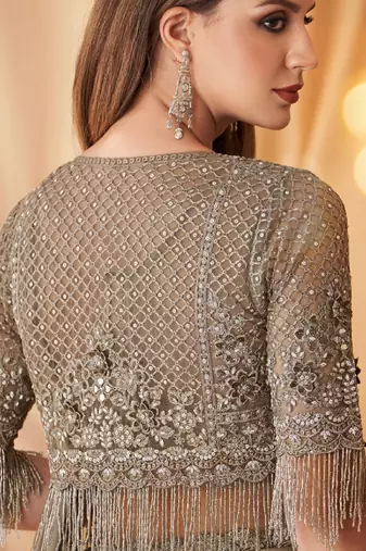 Tan sparkling satin georgette fashion saree with unstitched work jacket for special funcion