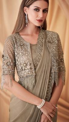 Tan sparkling satin georgette fashion saree with unstitched work jacket for special funcion 3