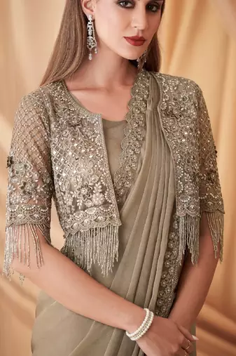 Tan sparkling satin georgette fashion saree with unstitched work jacket for special funcion