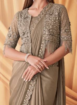 Tan sparkling satin georgette fashion saree with unstitched work jacket for special funcion 4