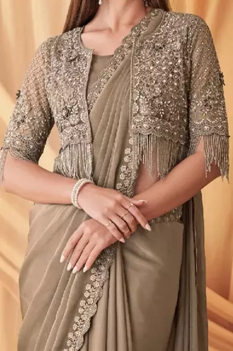 Tan sparkling satin georgette fashion saree with unstitched work jacket for special funcion