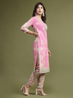 Women pink color embroidery kurta pant set 2