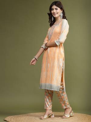 Women orange color embroidery kurta pant set 2