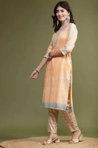 Women orange color embroidery kurta pant set