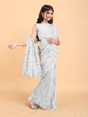Silver Pure Silk Printed Girls Saree with stitched blouse for girls 1