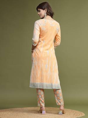 Women orange color embroidery kurta pant set 3