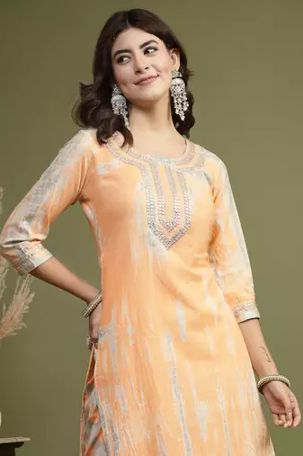 Women orange color embroidery kurta pant set