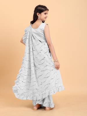 Silver Pure Silk Printed Girls Saree with stitched blouse for girls 2
