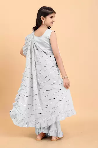 Silver Pure Silk Printed Girls Saree with stitched blouse for girls