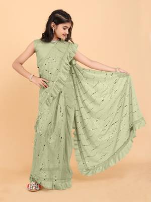 Green Pure Silk Sequin Work Ruffled Saree  with stitched blouse for girls 1