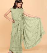 Green Pure Silk Sequin Work Ruffled Saree  with stitched blouse for girls