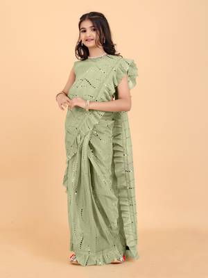 Green Pure Silk Sequin Work Ruffled Saree  with stitched blouse for girls 2