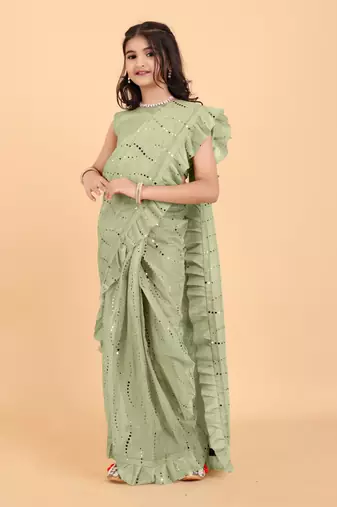 Green Pure Silk Sequin Work Ruffled Saree  with stitched blouse for girls