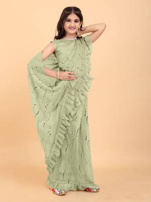 Green Pure Silk Sequin Work Ruffled Saree  with stitched blouse for girls 3