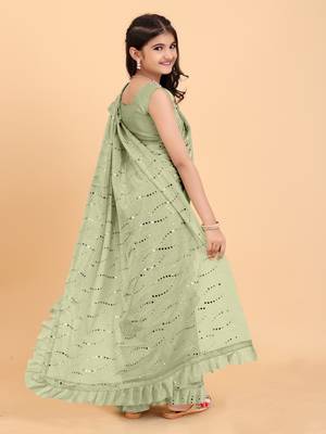 Green Pure Silk Sequin Work Ruffled Saree  with stitched blouse for girls 4