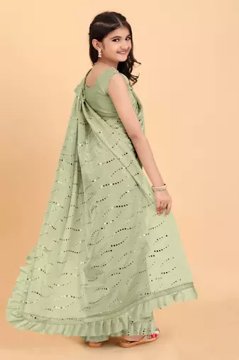 Green Pure Silk Sequin Work Ruffled Saree  with stitched blouse for girls