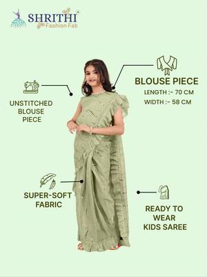 Green Pure Silk Sequin Work Ruffled Saree  with stitched blouse for girls 5