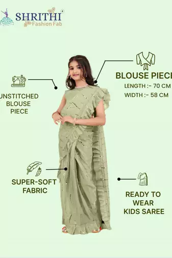 Green Pure Silk Sequin Work Ruffled Saree  with stitched blouse for girls