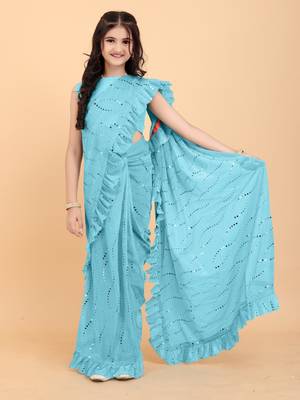 Blue Pure Silk Ruffled Kids Saree with stitched blouse for girls 1