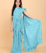 Blue Pure Silk Ruffled Kids Saree with stitched blouse for girls