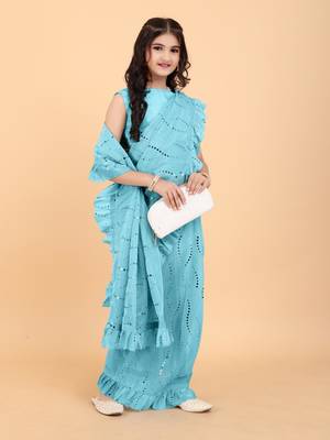 Blue Pure Silk Ruffled Kids Saree with stitched blouse for girls 2