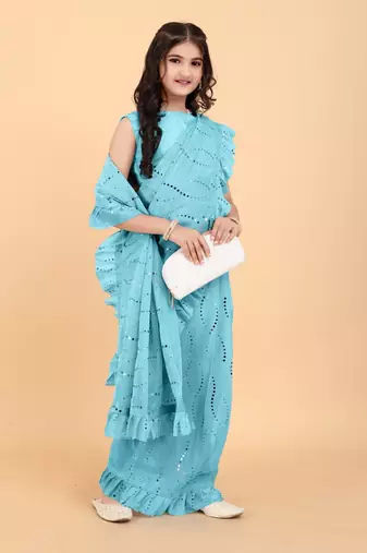 Blue Pure Silk Ruffled Kids Saree with stitched blouse for girls