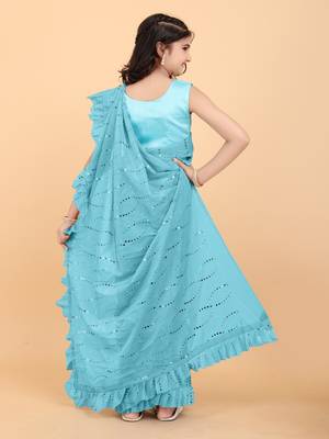 Blue Pure Silk Ruffled Kids Saree with stitched blouse for girls 3