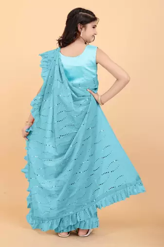 Blue Pure Silk Ruffled Kids Saree with stitched blouse for girls