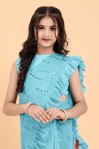 Blue Pure Silk Ruffled Kids Saree with stitched blouse for girls