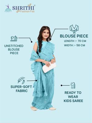 Blue Pure Silk Ruffled Kids Saree with stitched blouse for girls 5