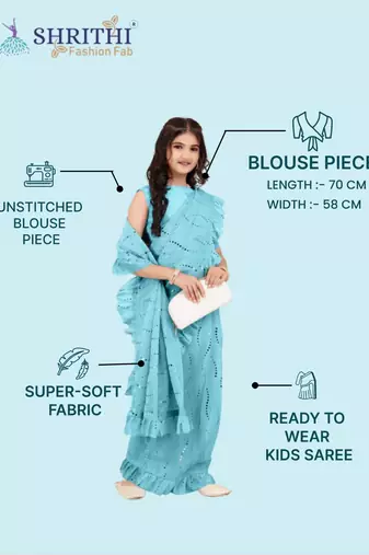 Blue Pure Silk Ruffled Kids Saree with stitched blouse for girls