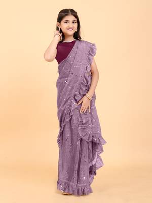 Maroon Pure Silk Woven Ruffle Saree with stitched blouse for girls 1