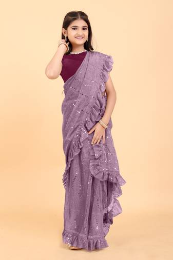 Maroon Pure Silk Woven Ruffle Saree for Girls