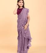 Maroon Pure Silk Woven Ruffle Saree with stitched blouse for girls