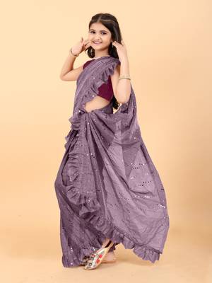Maroon Pure Silk Woven Ruffle Saree with stitched blouse for girls 2